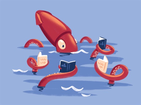 animated octopus reading books