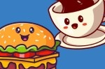 Cartoon burger and coffee cup with happy faces
