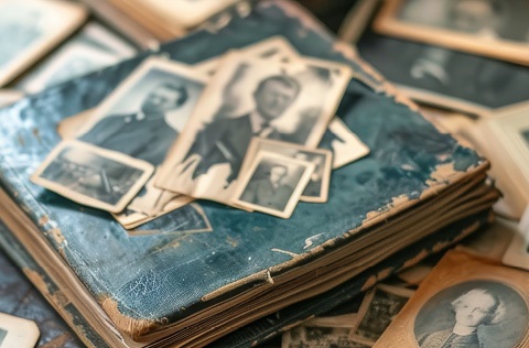 Old black and white photos laid out on top of a photo album