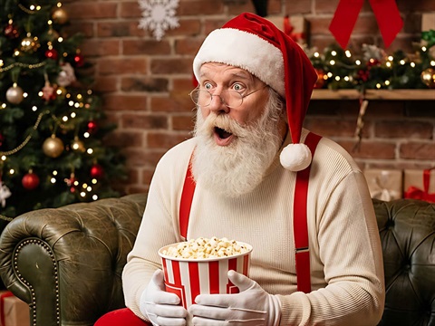 santa looking surprised with popcorn