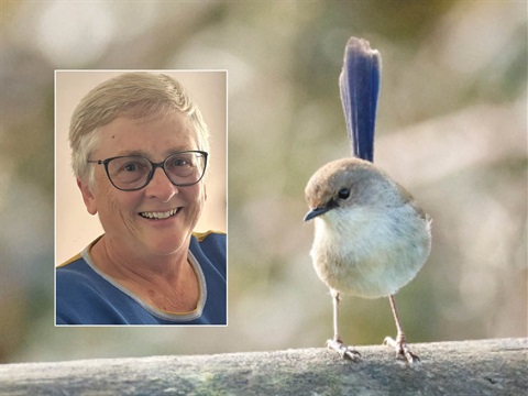 a lady smiling and a bird