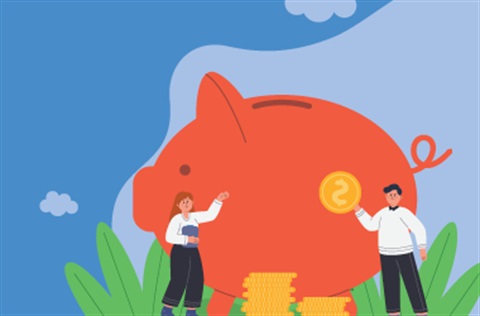 illustration of two people holding large gold coins to put in giant piggybank