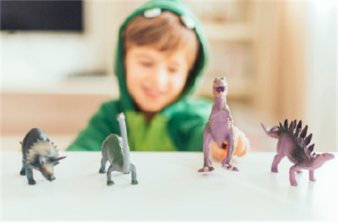 Child playing with 4 plastic dinosaurs