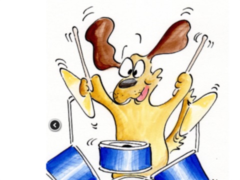 cartoon drawing of dog playing drums