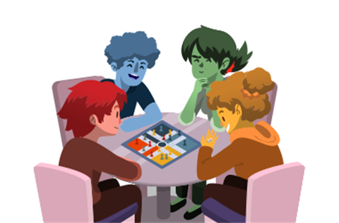 Cartoon of family at a table playing a game