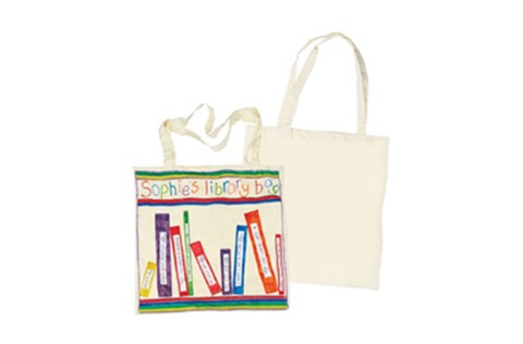 tote bag with book spines on one side