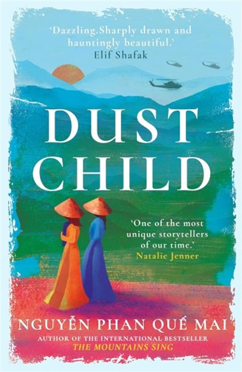 Cover for dust child, a watercolour picture of two women in Áo dài and nón lá, with helicopters in the background.